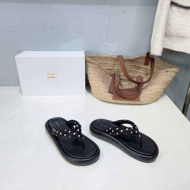 THE ROW 26S THONG SANDALS IN BLACK CALFSKIN & POLKA DOT CALF HAIR STRAPS
