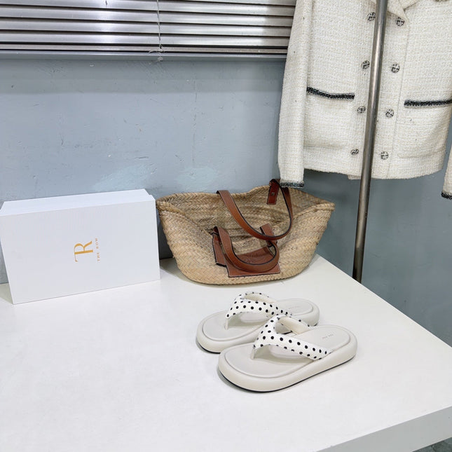 THE ROW 26S PLATFORM THONG SANDALS IN IVORY WHITE CALFSKIN & POLKA DOT CALF HAIR STRAPS