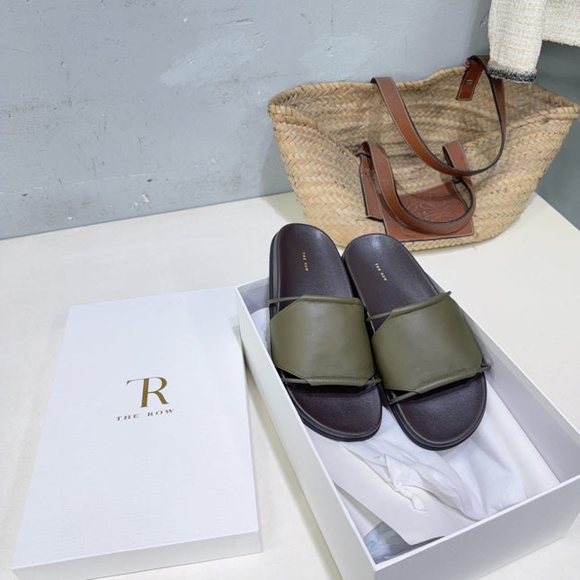 THE ROW 26S STRAP SLIDES IN OLIVE GREEN CALFSKIN