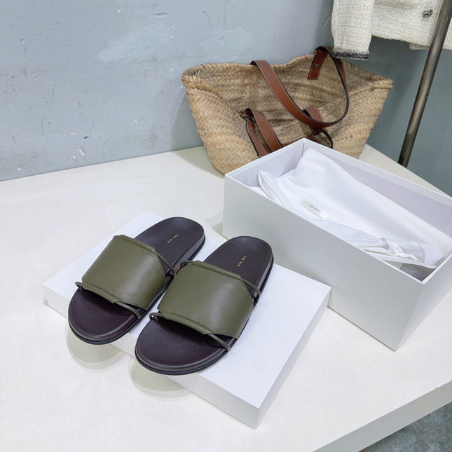 THE ROW 26S STRAP SLIDES IN OLIVE GREEN CALFSKIN