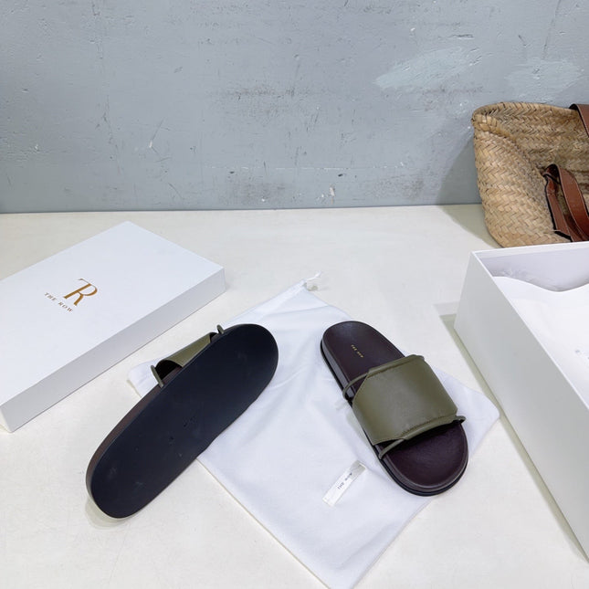 THE ROW 26S STRAP SLIDES IN OLIVE GREEN CALFSKIN