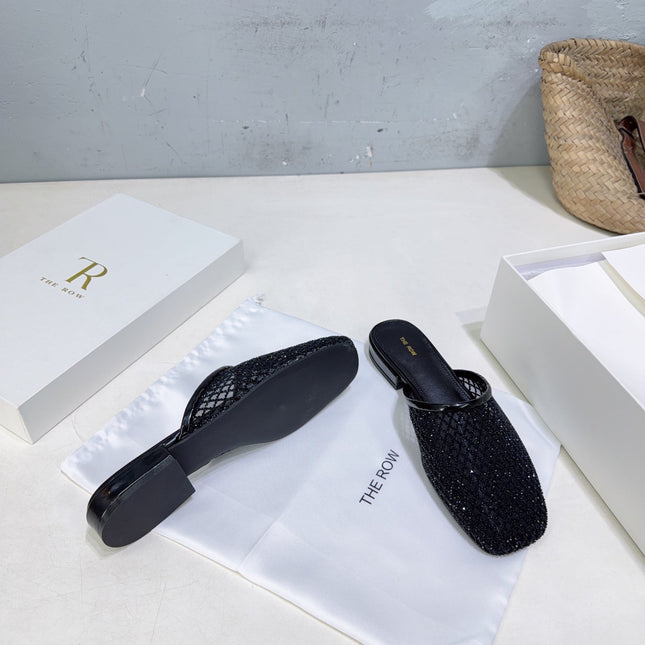 THE ROW 26S MULE FLATS IN BLACK MESH FABRIC