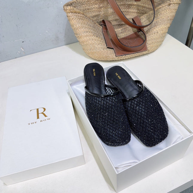 THE ROW 26S MULE FLATS IN BLACK MESH FABRIC