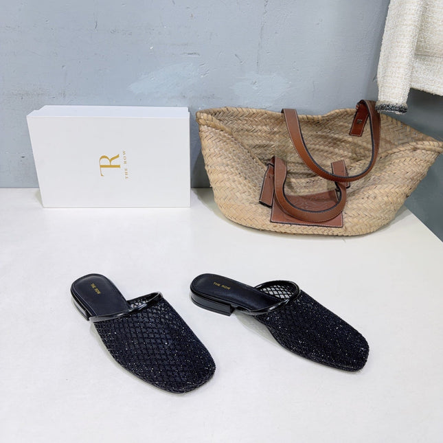 THE ROW 26S MULE FLATS IN BLACK MESH FABRIC