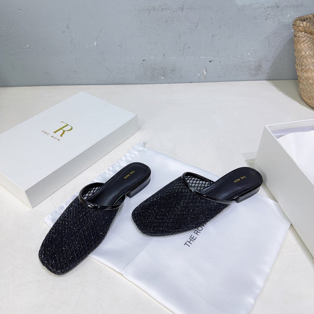 THE ROW 26S MULE FLATS IN BLACK MESH FABRIC