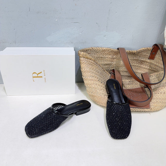 THE ROW 26S MULE FLATS IN BLACK MESH FABRIC
