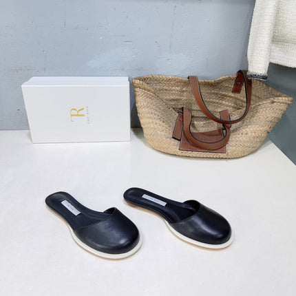 THE ROW 26S ROUND TOE MULE FLATS IN BLACK SMOOTH CALFSKIN