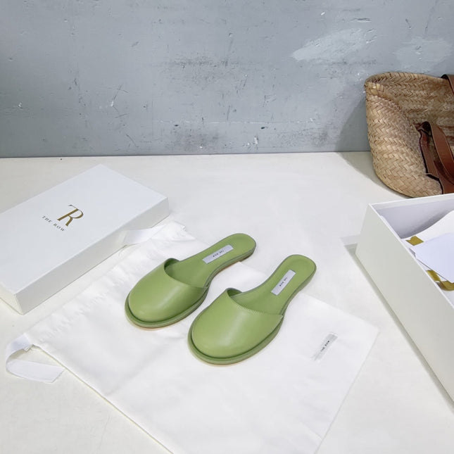 THE ROW 26S ROUND TOE MULE FLATS IN SAGE GREEN SMOOTH CALFSKIN