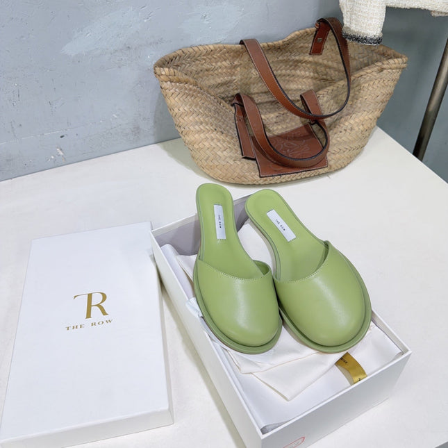 THE ROW 26S ROUND TOE MULE FLATS IN SAGE GREEN SMOOTH CALFSKIN