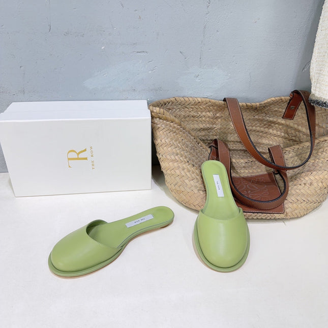 THE ROW 26S ROUND TOE MULE FLATS IN SAGE GREEN SMOOTH CALFSKIN