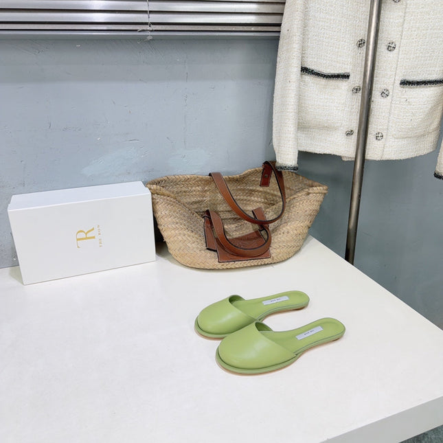THE ROW 26S ROUND TOE MULE FLATS IN SAGE GREEN SMOOTH CALFSKIN