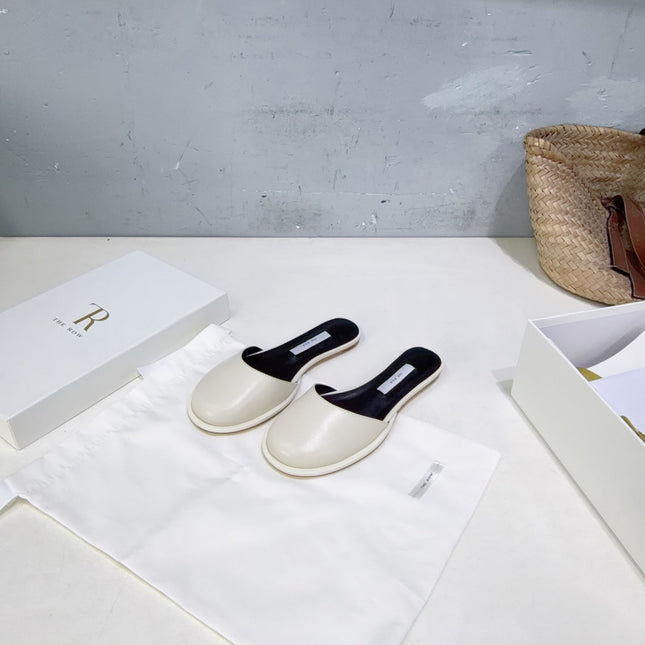 THE ROW 26S ROUND TOE MULE FLATS IN IVORY WHITE SMOOTH CALFSKIN