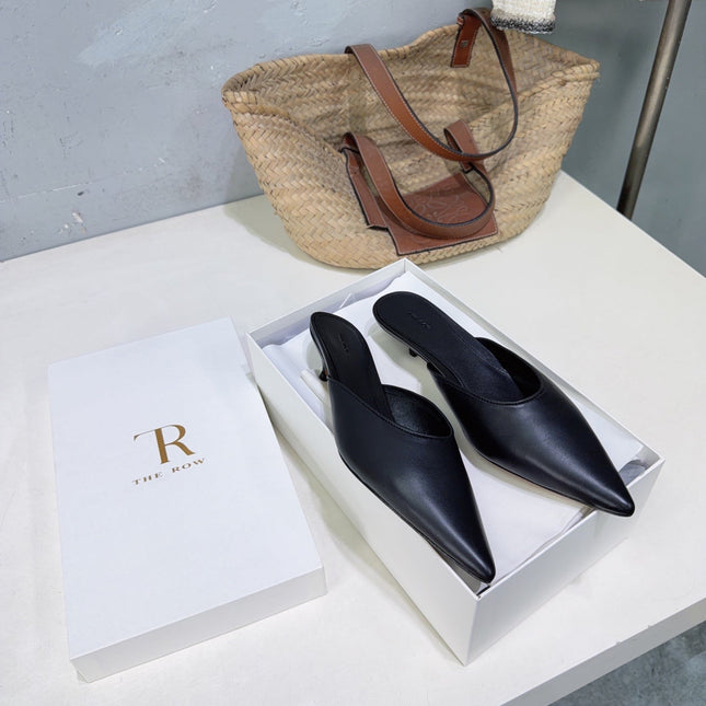 THE ROW 26S POINTED TOE MULE HEELS 35MM IN BLACK CALFSKIN