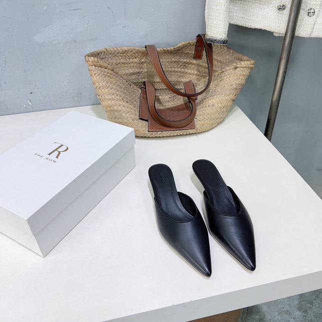 THE ROW 26S POINTED TOE MULE HEELS 35MM IN BLACK CALFSKIN