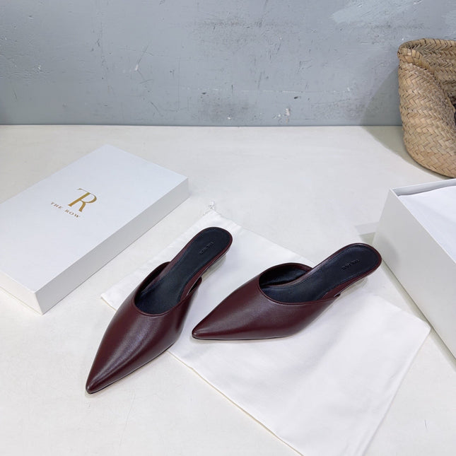 THE ROW 26S POINTED TOE MULE HEELS 35MM IN BURGUNDY RED CALFSKIN