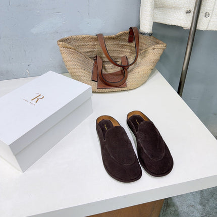 THE ROW 26S LOAFER MULES IN DARK BROWN SUEDE