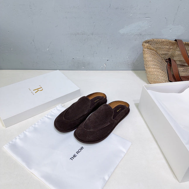 THE ROW 26S LOAFER MULES IN DARK BROWN SUEDE