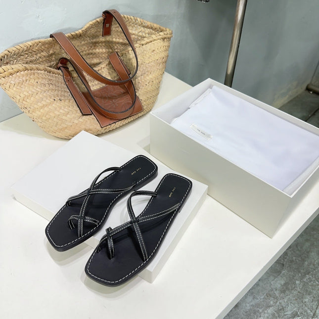 THE ROW 26S FLAT SANDALS IN BLACK CALFSKIN