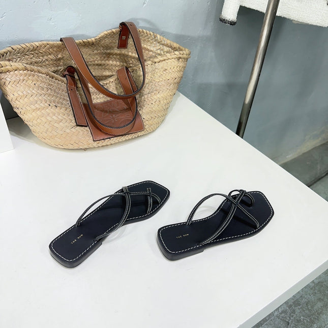 THE ROW 26S FLAT SANDALS IN BLACK CALFSKIN