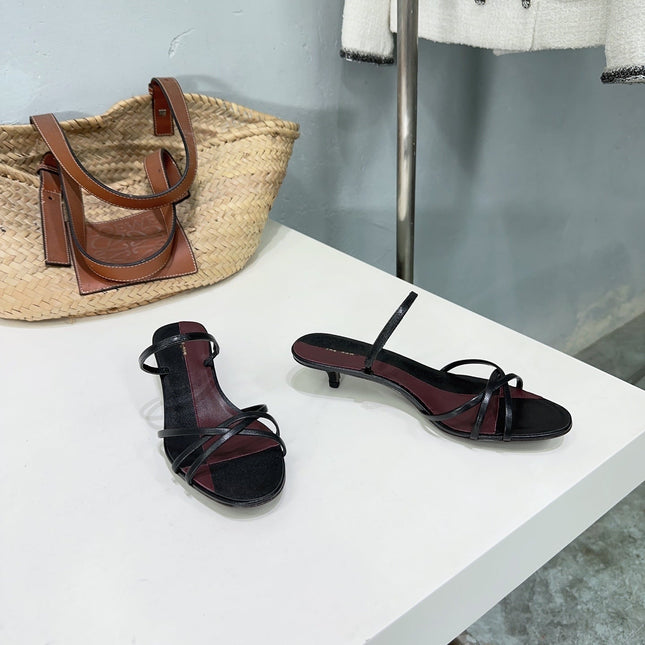 THE ROW 26S STRAPPY KITTEN HEEL SANDALS 30MM IN BLACK CALFSKIN