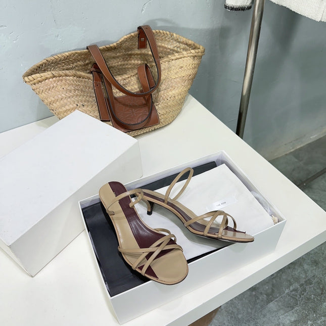 THE ROW 26S STRAPPY KITTEN HEEL SANDALS 30MM IN BROWN CALFSKIN
