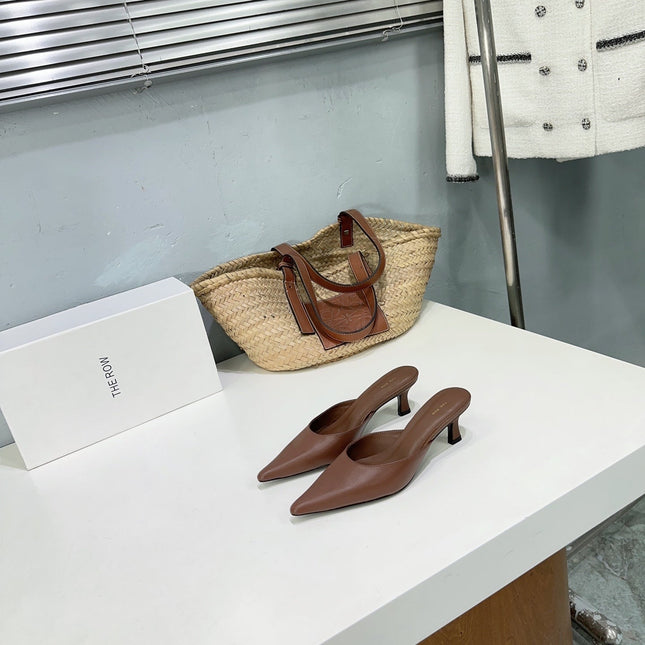 THE ROW 26S POINTED TOE MULE HEELS 45MM IN BROWN CALFSKIN