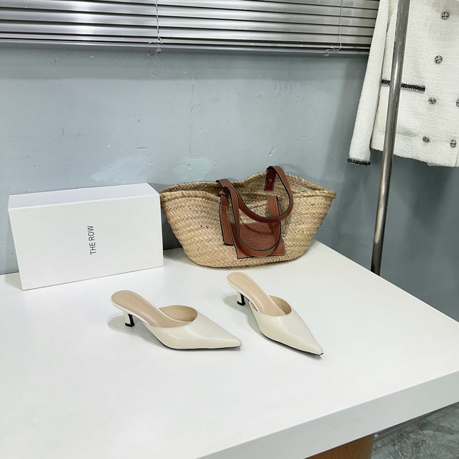 THE ROW 26S POINTED TOE MULE HEELS 45MM IN IVORY WHITE CALFSKIN