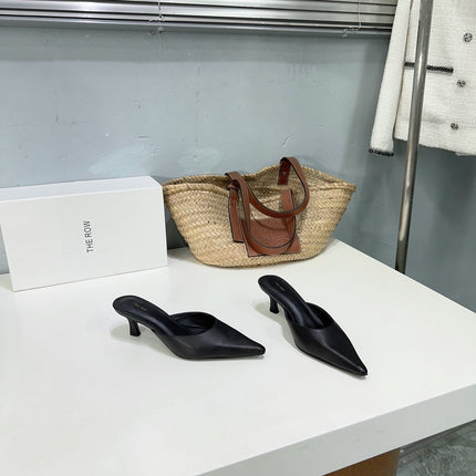 THE ROW 26S POINTED TOE MULE HEELS 45MM IN BLACK CALFSKIN