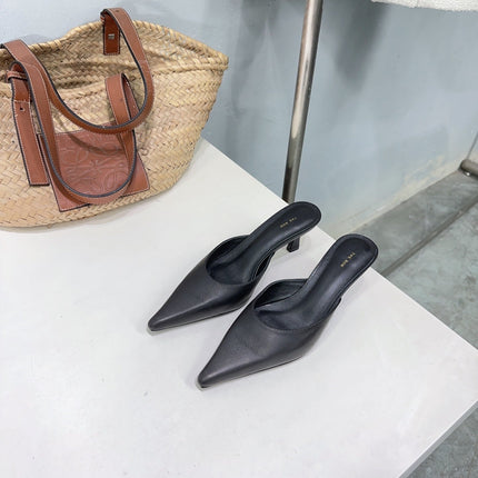 THE ROW 26S POINTED TOE MULE HEELS 45MM IN BLACK CALFSKIN