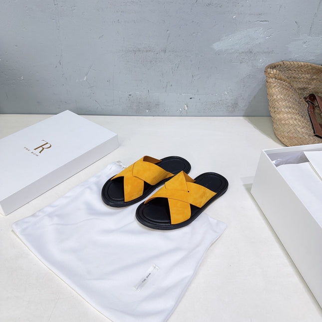 THE ROW 26S SLIDES SANDALS IN GOLD YELLOW SUEDE AND BLACK CALFKIN