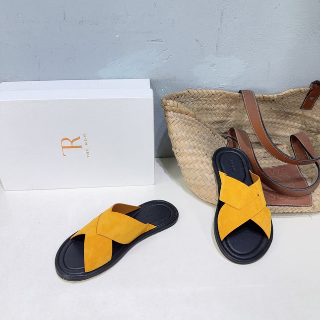 THE ROW 26S SLIDES SANDALS IN GOLD YELLOW SUEDE AND BLACK CALFKIN