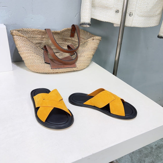 THE ROW 26S SLIDES SANDALS IN GOLD YELLOW SUEDE AND BLACK CALFKIN