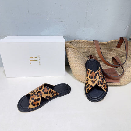 THE ROW 26S SLIDES SANDALS IN LEOPARD CALF HAIR CROSS STRAP