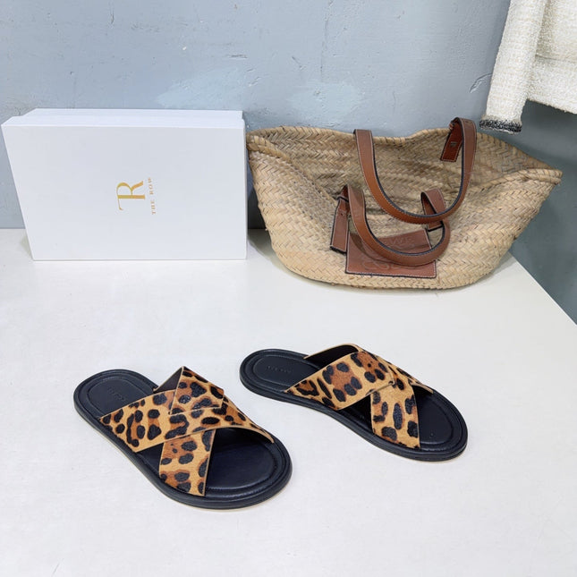 THE ROW 26S SLIDES SANDALS IN LEOPARD CALF HAIR CROSS STRAP