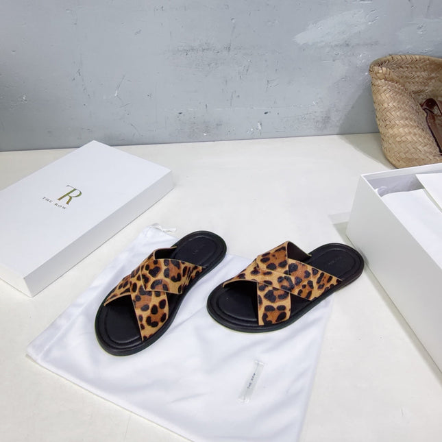THE ROW 26S SLIDES SANDALS IN LEOPARD CALF HAIR CROSS STRAP
