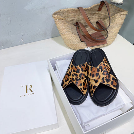 THE ROW 26S SLIDES SANDALS IN LEOPARD CALF HAIR CROSS STRAP