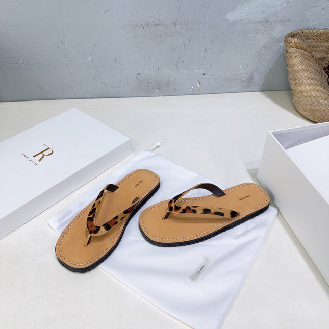 THE ROW 26S THONG SANDALS IN BROWN CALFSKIN LEOPARD STRAP