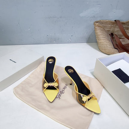 YSL 26S HIGH-HEEL SANDALS 75 MM IN LIGHT YELLOW LAMBSKIN AND TRANSPARENT STRAPS PVC