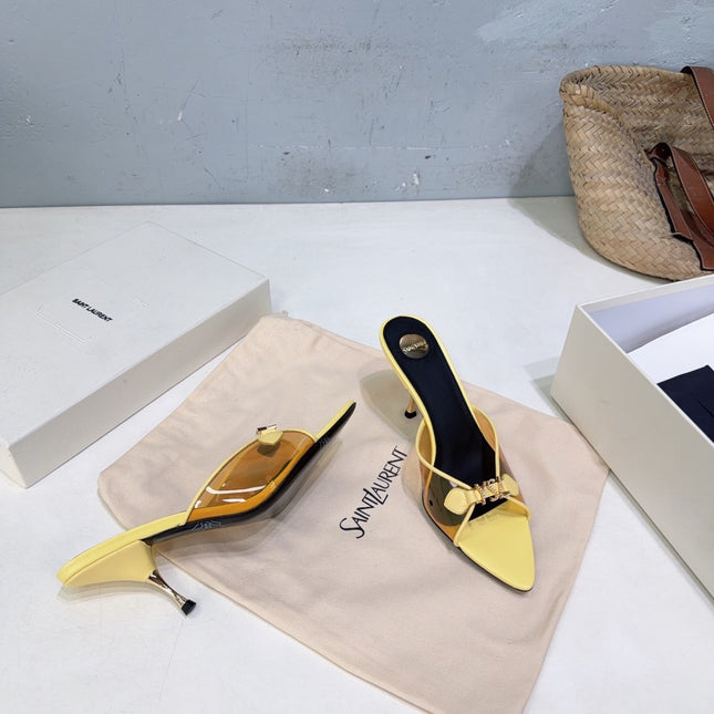 YSL 26S HIGH-HEEL SANDALS 75 MM IN LIGHT YELLOW LAMBSKIN AND TRANSPARENT STRAPS PVC
