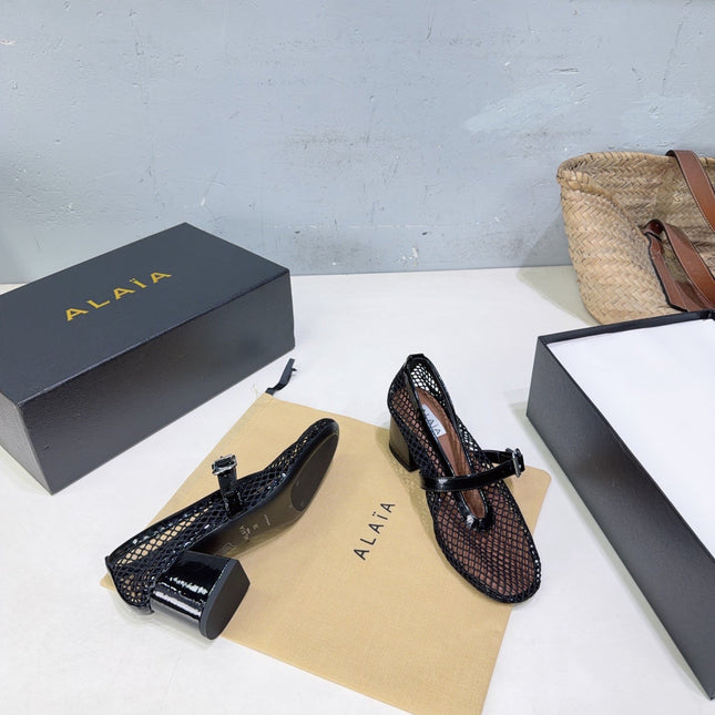 ALAIA 26S HIGH-HEEL MARY JANES 50 MM IN BLACK WOVEN MESH
