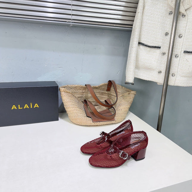 ALAIA 26S HIGH-HEEL MARY JANES 50 MM IN DARK RED WOVEN MESH