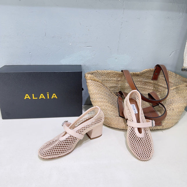ALAIA 26S HIGH-HEEL MARY JANES 50 MM IN NUDE PINK WOVEN MESH