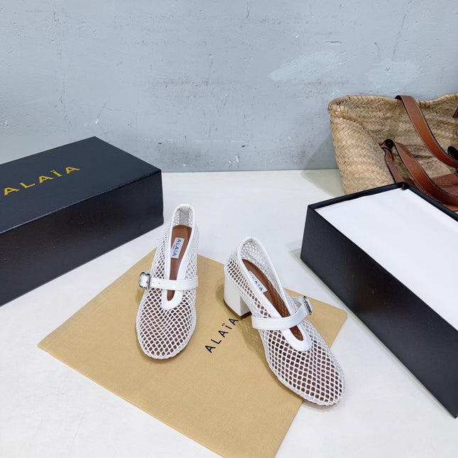 ALAIA 26S HIGH-HEEL MARY JANES 50 MM IN WHITE WOVEN MESH