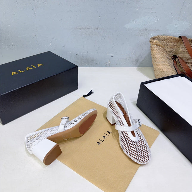 ALAIA 26S HIGH-HEEL MARY JANES 50 MM IN WHITE WOVEN MESH