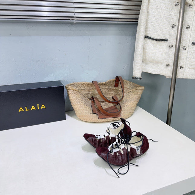 ALAIA 26S LACE-UP BALLET FLATS IN MERLOT RED LAMBSKIN AND SUEDE