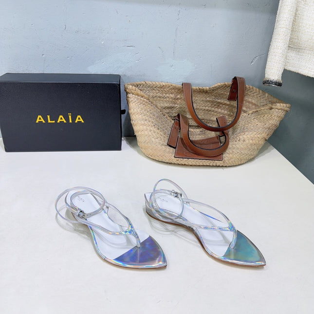 ALAIA 26S THONG SANDALS IN SILVER METALLIC CALFSKIN