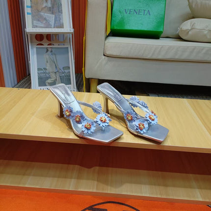 BOTTEGA VENETA 26S THONG SANDALS 90 MM IN ICE BLUE AND SILVER LAMBSKIN