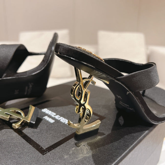 YSL 26S HEELED THONG SANDALS 85 MM IN BLACK SATIN