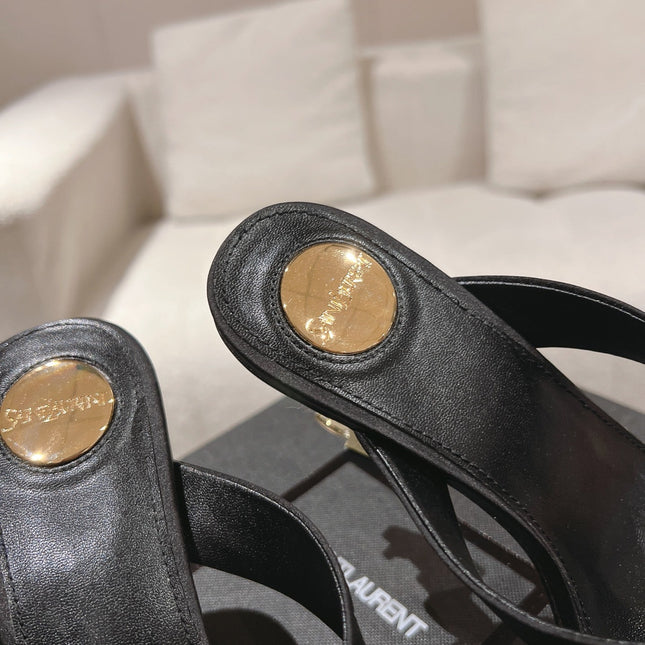 YSL 26S HEELED THONG SANDALS 85 MM IN BLACK SATIN