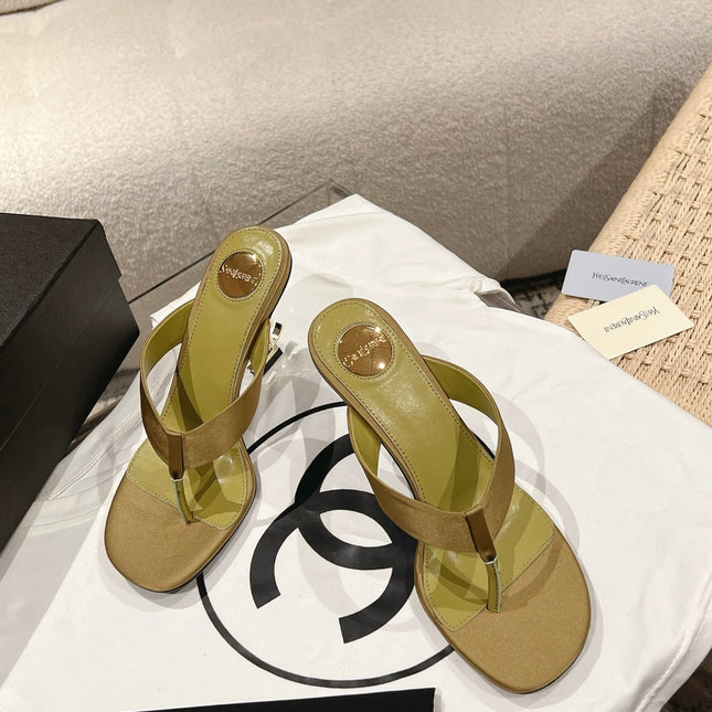 YSL 26S HEELED THONG SANDALS 85 MM IN MOSS GREEN SATIN